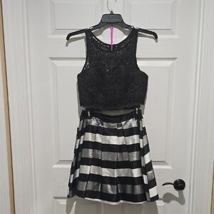 Black Lace Crop Top and Striped Skirt Set (Cocktail/Semiformal)